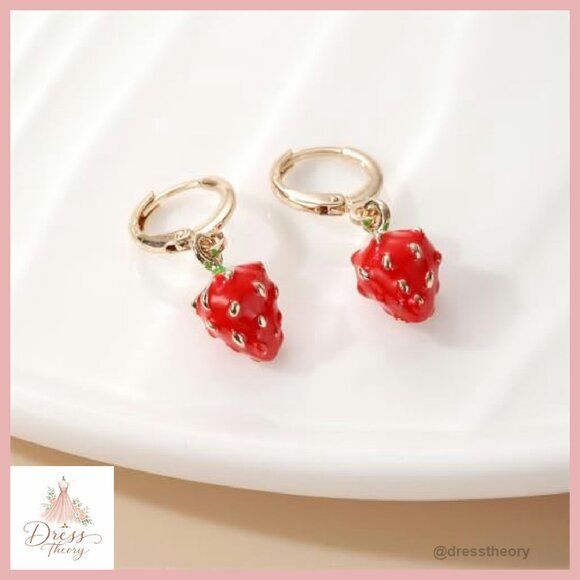 Small Strawberry Hoop Earrings Hypoallergenic Copper Dangle Jewelry Gift - Picture 7 of 8